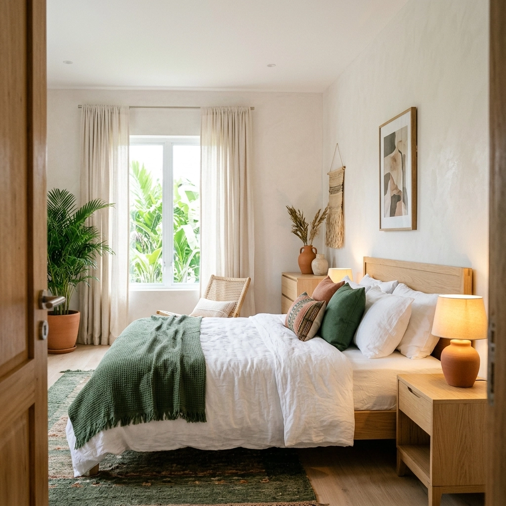 Bright, welcoming guesthouse bedroom