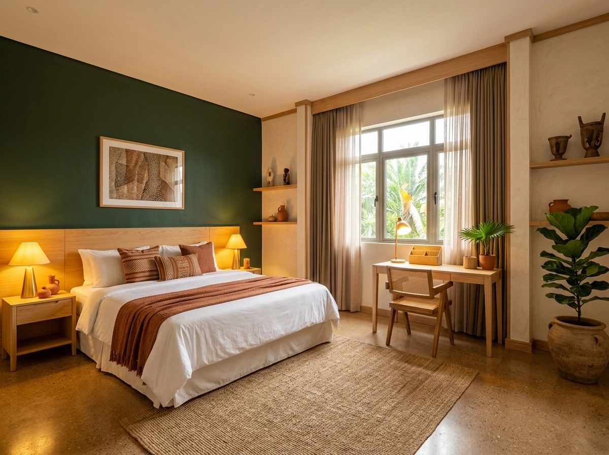 Deluxe room with a work desk and warm lighting